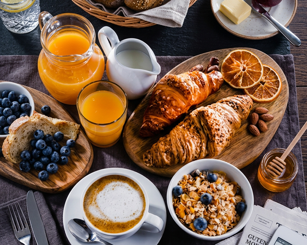 Frühstückstisch mit frischem kaffee, Gebäck und Beeren